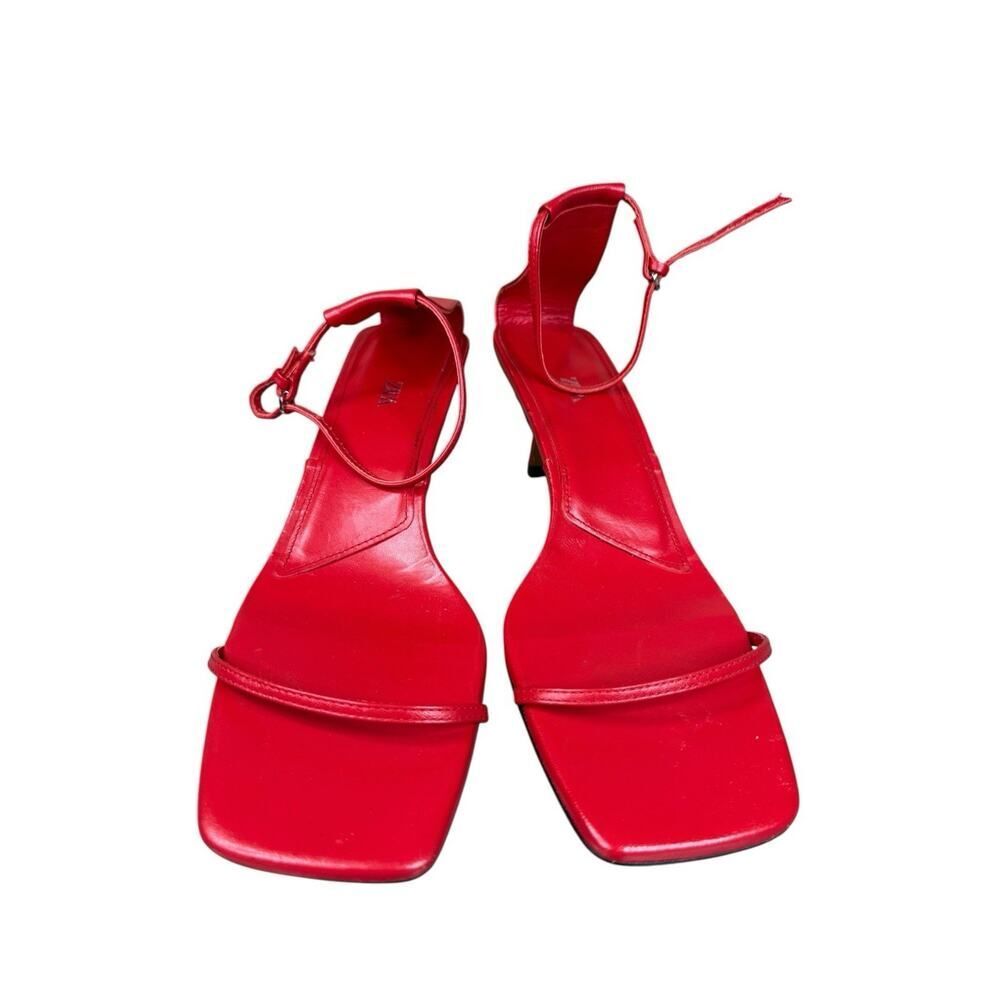 ZARA Red Leather Strappy Heels Square Toe Ankle Strap Sandals EU 42 US 11 - Picture 6 of 11